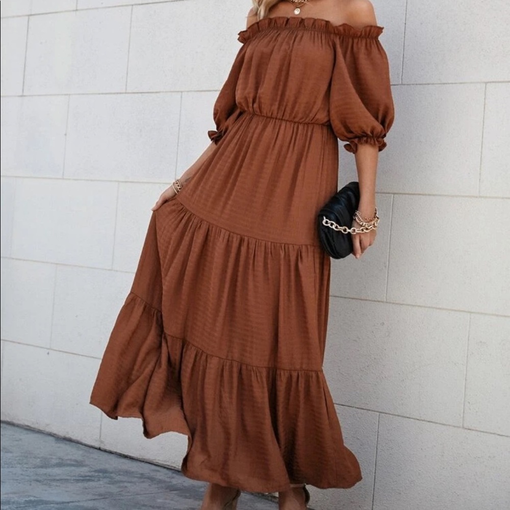 Boho ruffle hem Bardot A line dress - Picture 3 of 6